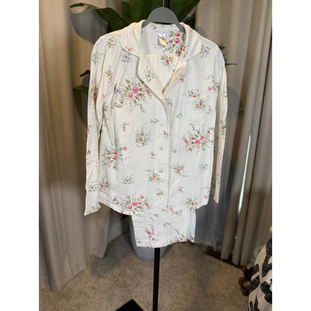 Carole Hochman Womens White Pink Floral 100% Cotton Pajama Set Small